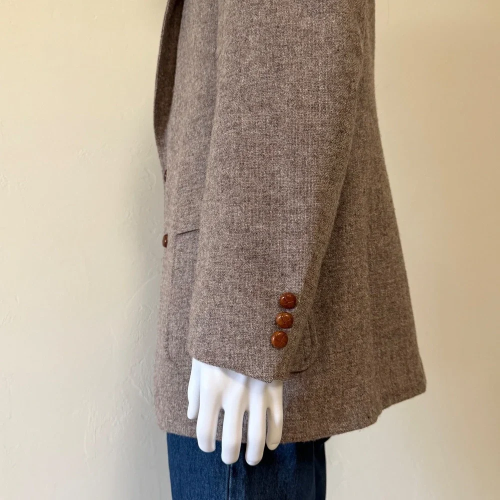 Rare Vintage Levis Mens Brown Tweed 100% Wool Blazer‎ with Leather Buttons 42R